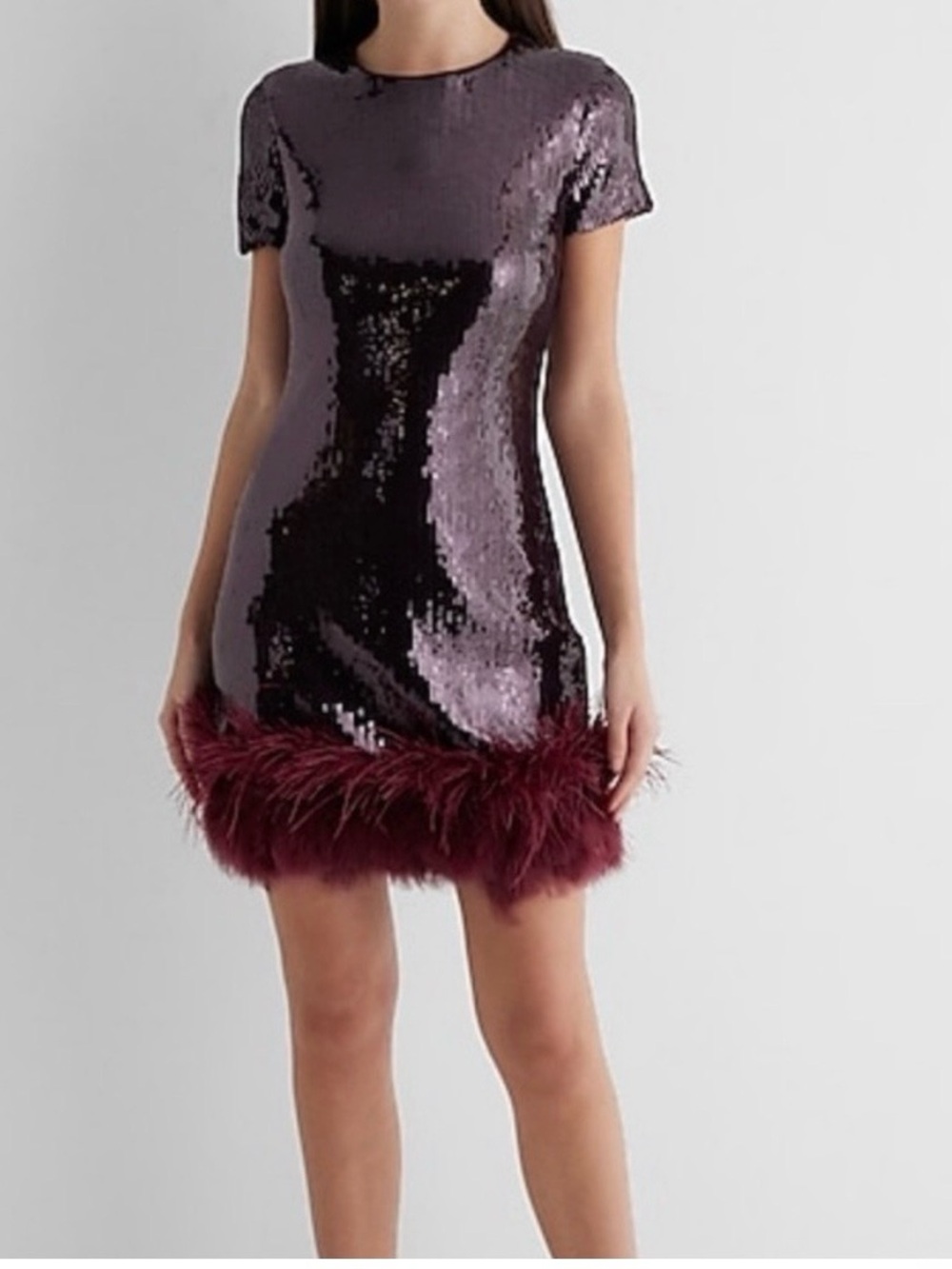 Express Plum Sequin Mini Dress with Feather Trim